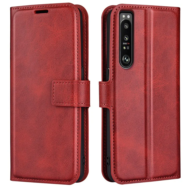 For Sony Xperia 1 IV Anti-scratch Textured PU Leather Shell Adjustable Stand Magnetic Closing Wallet Case - Red