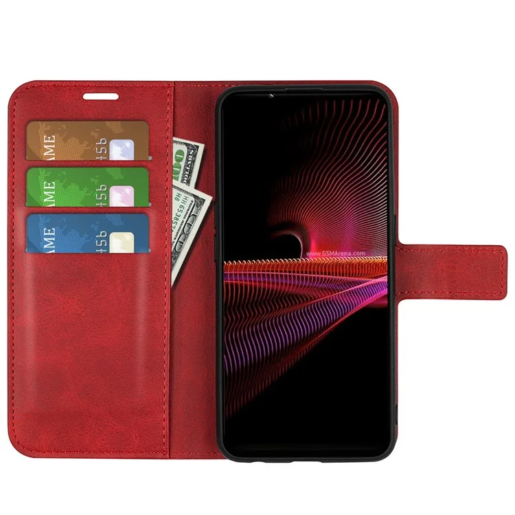 For Sony Xperia 1 IV Anti-scratch Textured PU Leather Shell Adjustable Stand Magnetic Closing Wallet Case - Red