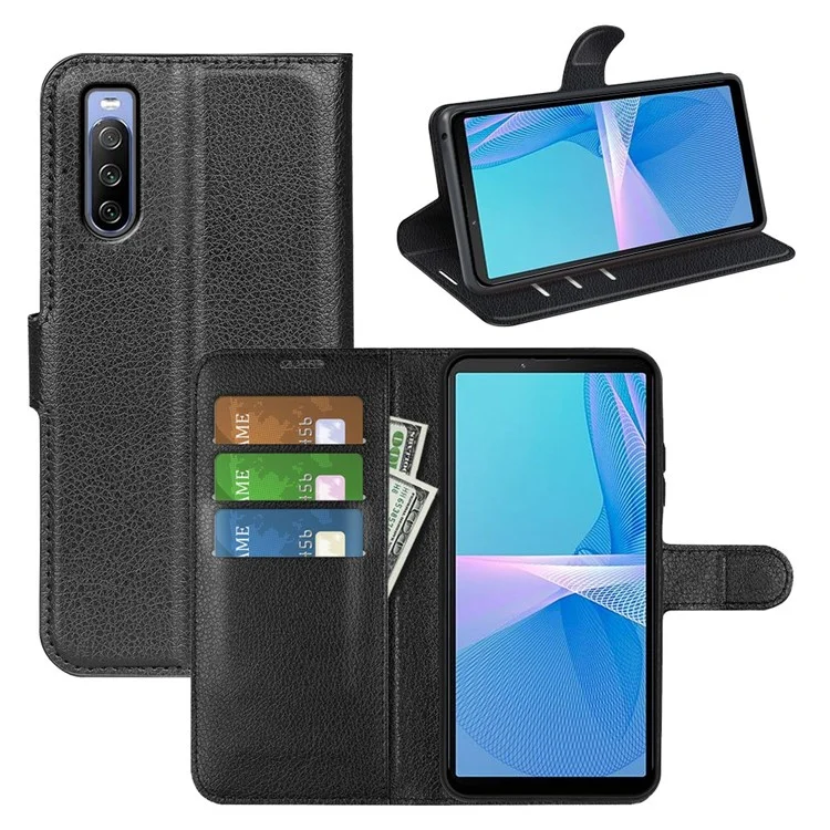 Für Sony Xperia 10 IV Stoßfest Kratzfest Litchi Textur PU Leder Handyhülle Ständer Brieftasche Schutzhülle - Schwarz