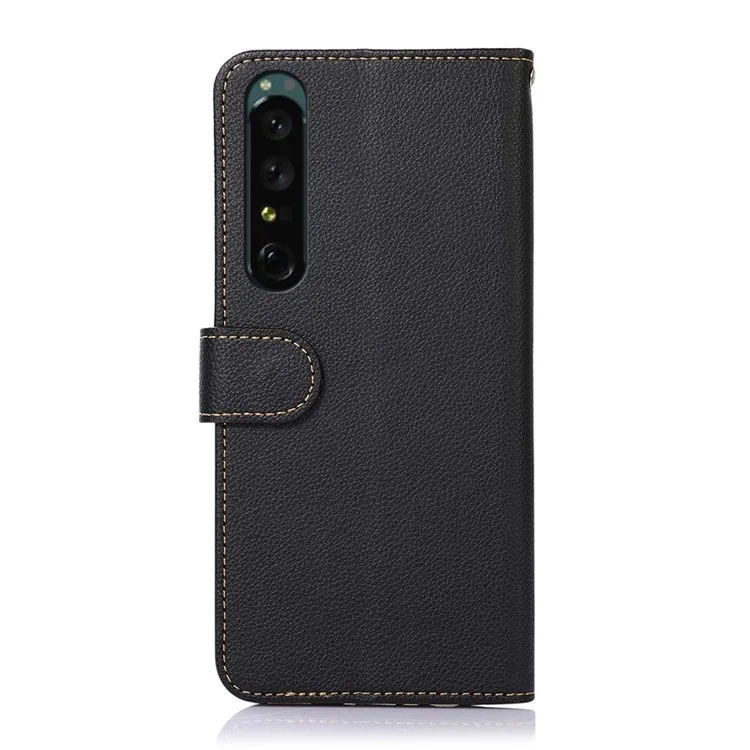 КХАЗНЕ для Sony Xperia 1 IV RFID Блокировка бумажника Стенд Чехол для телефона Текстура личи Кожаный Flip Anti-Fall Cover с ремешком - Черный