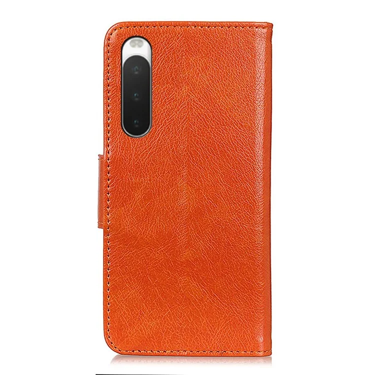 Nappa Texture Split Leather Phone Shell for Sony Xperia 10 IV, Folio Flip Wallet Foldable Stand Design Cover - Orange