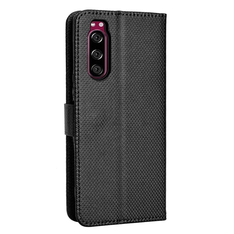 Para Sony Xperia 5 Diamante Flip Leather Case Projeto De Carteira Projeto De Flip Stand Stand Tampa Protetora Com Pulseira - Preto