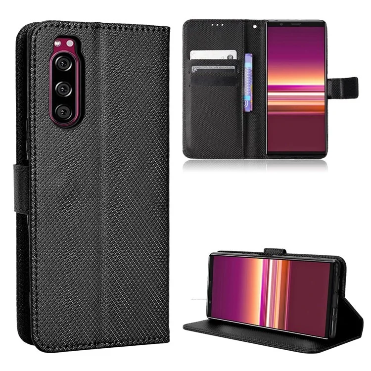 Para Sony Xperia 5 Diamante Flip Leather Case Projeto De Carteira Projeto De Flip Stand Stand Tampa Protetora Com Pulseira - Preto