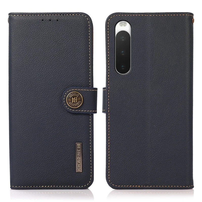 KHAZNEH for Sony Xperia 10 IV RFID Blocking Stand Wallet Style Textured Genuine Leather + TPU Dual-layer Protection Shell - Blue