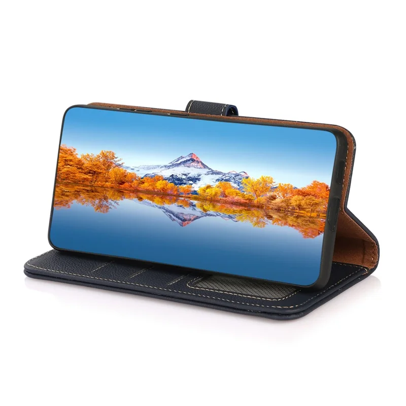 KHAZNEH for Sony Xperia 10 IV RFID Blocking Stand Wallet Style Textured Genuine Leather + TPU Dual-layer Protection Shell - Blue