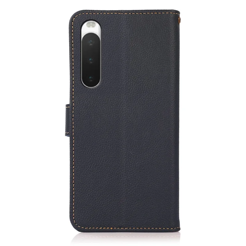 KHAZNEH for Sony Xperia 10 IV RFID Blocking Stand Wallet Style Textured Genuine Leather + TPU Dual-layer Protection Shell - Blue