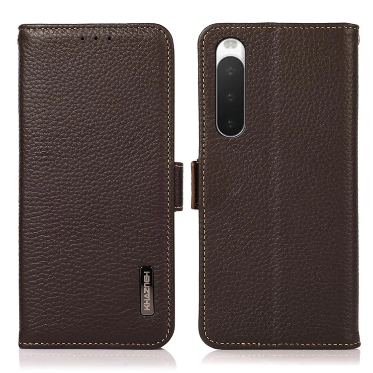 Khazneh Para Sony Xperia 10 IV Litchi Textura Case de Billetera de Cuero Genuino Bloqueo Rfid Bloqueo Doble Magnético Magnética Tapa Anti-caza - Marrón