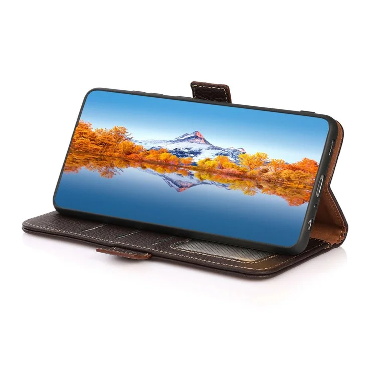 Khazneh Para Sony Xperia 10 IV Litchi Textura Case de Billetera de Cuero Genuino Bloqueo Rfid Bloqueo Doble Magnético Magnética Tapa Anti-caza - Marrón