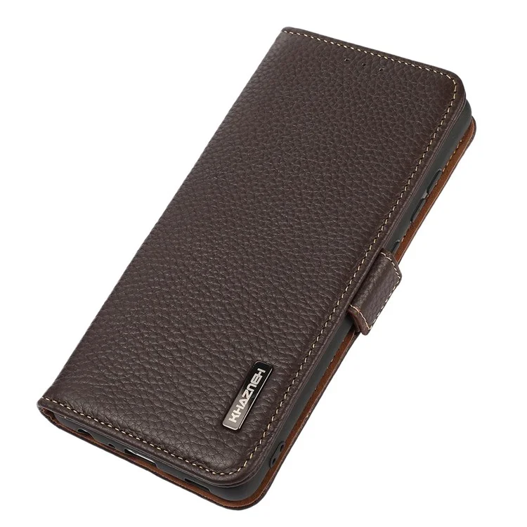 Khazneh Para Sony Xperia 10 IV Litchi Textura Case de Billetera de Cuero Genuino Bloqueo Rfid Bloqueo Doble Magnético Magnética Tapa Anti-caza - Marrón