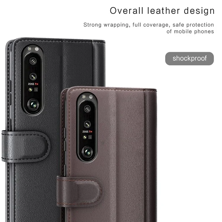 Per Sony Xperia 1 III 5G Split Leather Genuine Leather Protective Cover Magnetic Clasp Wallet Stand Phone Case - Nero