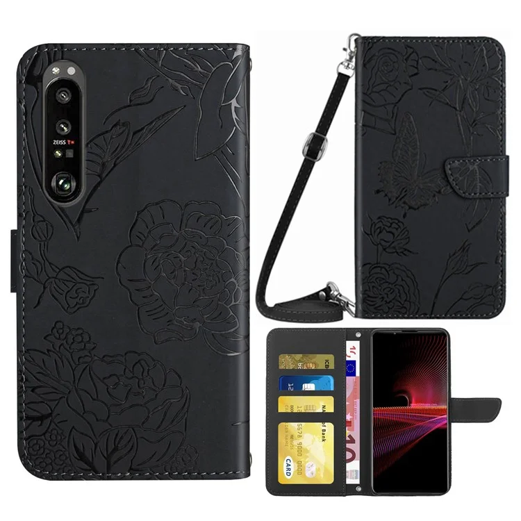 Для Sony Xperia 1 IV Skin-Touch Touch Чувство Кожа Стенд Бабочка Цветы Импинты Узор Уплотнение Кошелек Чехол С Плечом - Чернить