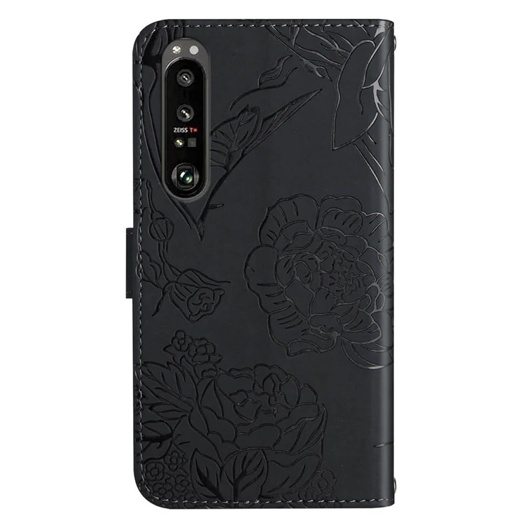 Для Sony Xperia 1 IV Skin-Touch Touch Чувство Кожа Стенд Бабочка Цветы Импинты Узор Уплотнение Кошелек Чехол С Плечом - Чернить