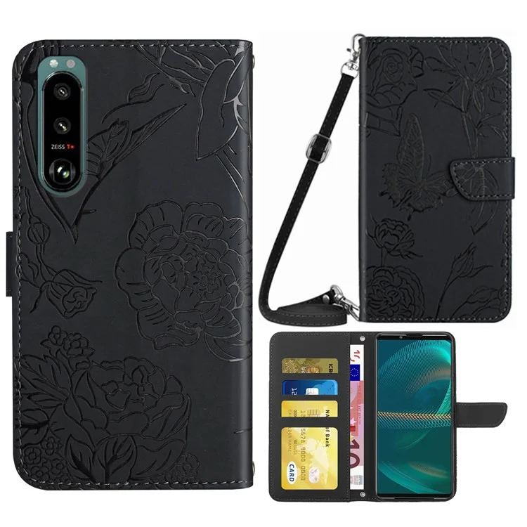 Per Sony Xperia 5 III 5G PU Peth Pethe Pelle Custodia Per la Pelle Sensazione Del Telefono Copertina di Copertura Per Telefono Fioriere Portafoglio Imprinting Pattern Con Spalla - Nero