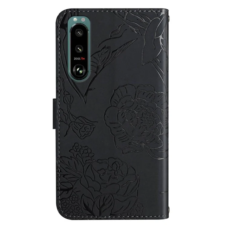 Per Sony Xperia 5 III 5G PU Peth Pethe Pelle Custodia Per la Pelle Sensazione Del Telefono Copertina di Copertura Per Telefono Fioriere Portafoglio Imprinting Pattern Con Spalla - Nero