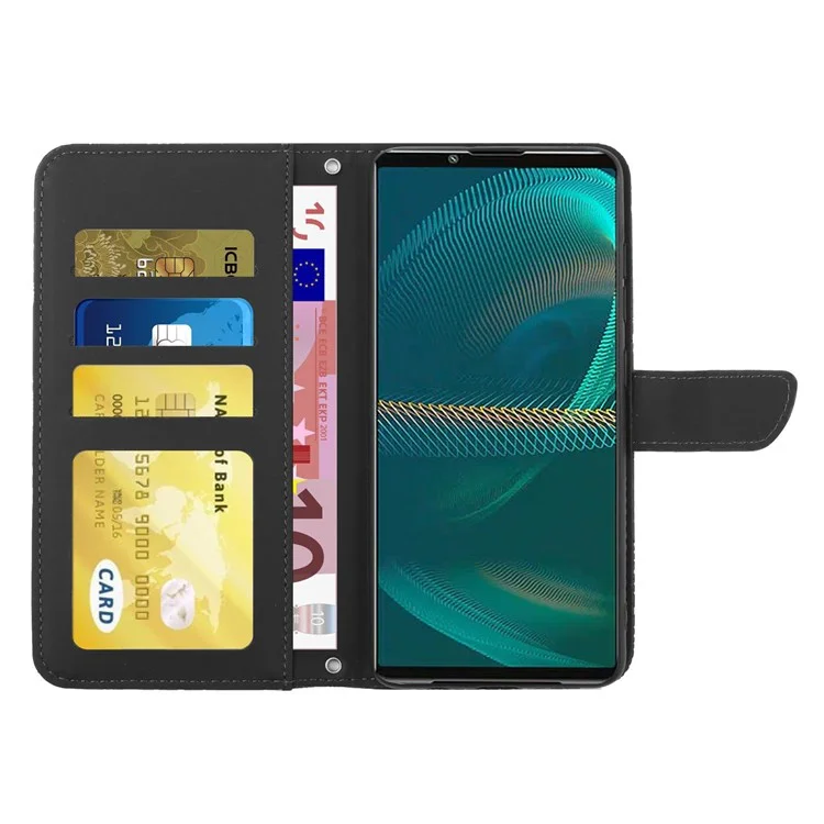 Per Sony Xperia 5 III 5G PU Peth Pethe Pelle Custodia Per la Pelle Sensazione Del Telefono Copertina di Copertura Per Telefono Fioriere Portafoglio Imprinting Pattern Con Spalla - Nero