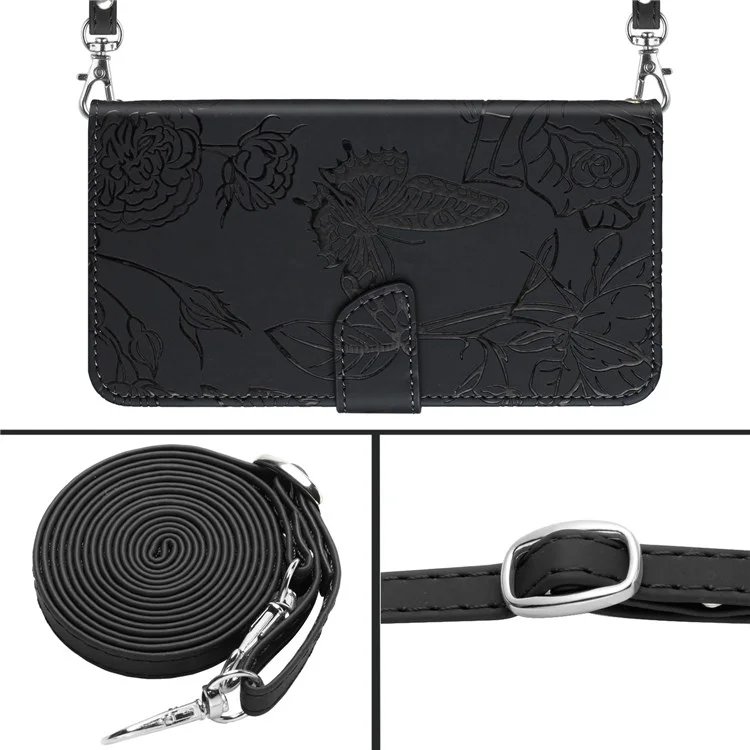 Per Sony Xperia 5 III 5G PU Peth Pethe Pelle Custodia Per la Pelle Sensazione Del Telefono Copertina di Copertura Per Telefono Fioriere Portafoglio Imprinting Pattern Con Spalla - Nero