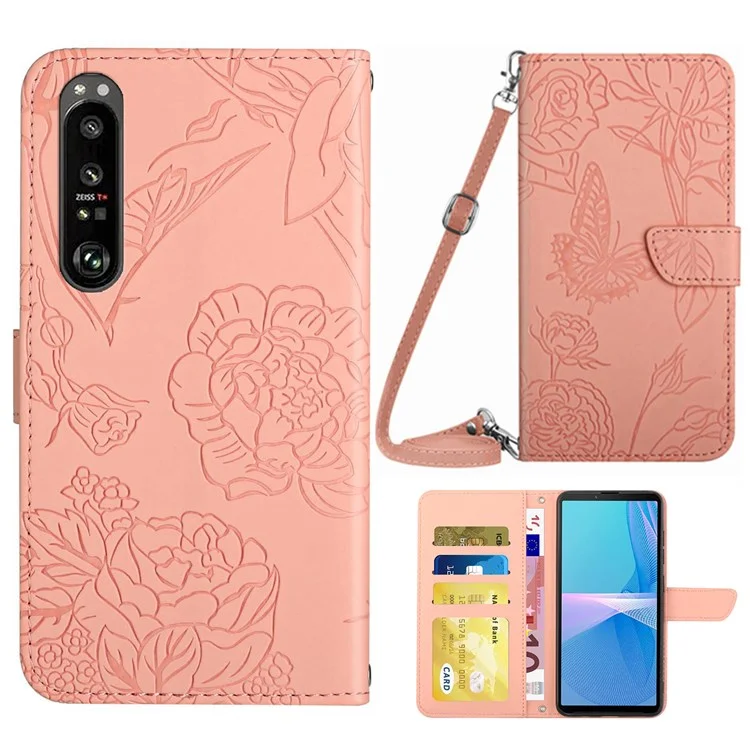 Для Sony Xperia 1 III 5G Skin-touch Cuethe Phone Bag Сумка Для Импринтинга Дизайна Стенда Без Рук с Помощью Плечевого Ремешка - Розовый