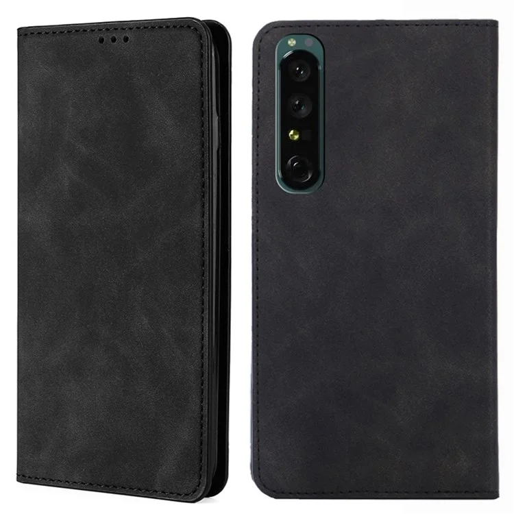 Cell Phone Wallet Bag Shell for Sony Xperia 1 IV, Skin-touch Feeling Leather Case Anti-scratch Card Holder Auto Closing Magnetic Stand Phone Cover - Black