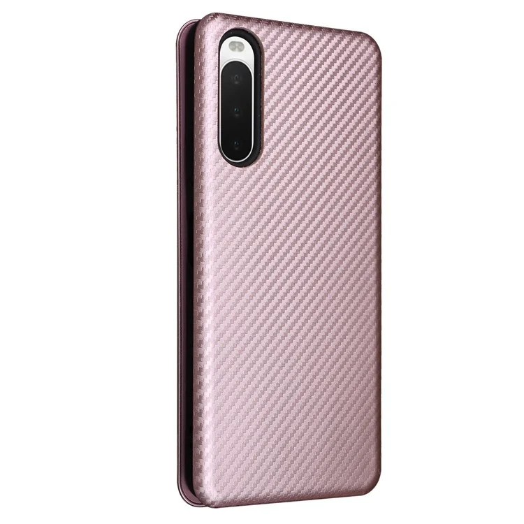 Para Sony Xperia 10 IV Textura de Fibra de Carbono Diseño Magnético Absorción Caso PU Cuero Flip Stand Titular de Tarjeta Teléfono Celular Protección Completa Cubierta - Oro Rosa