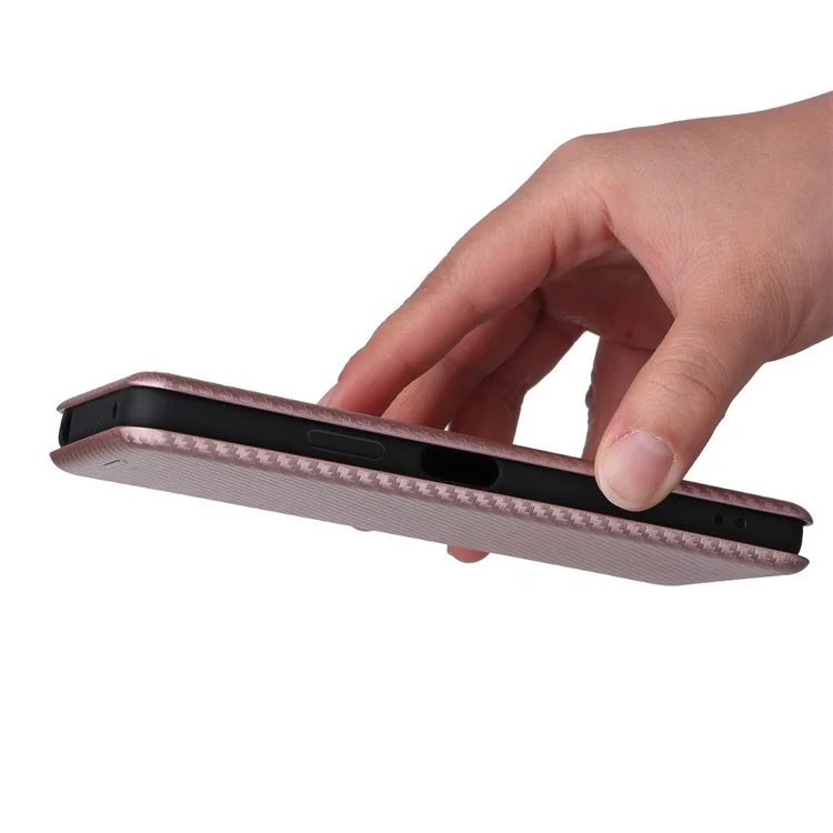 Para Sony Xperia 10 IV Textura de Fibra de Carbono Diseño Magnético Absorción Caso PU Cuero Flip Stand Titular de Tarjeta Teléfono Celular Protección Completa Cubierta - Oro Rosa