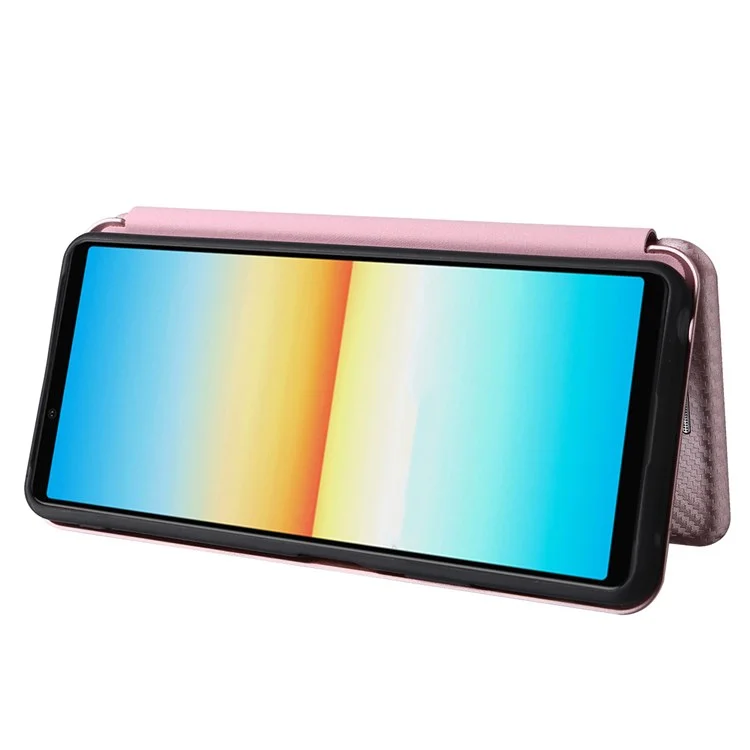 Para Sony Xperia 10 IV Textura de Fibra de Carbono Diseño Magnético Absorción Caso PU Cuero Flip Stand Titular de Tarjeta Teléfono Celular Protección Completa Cubierta - Oro Rosa
