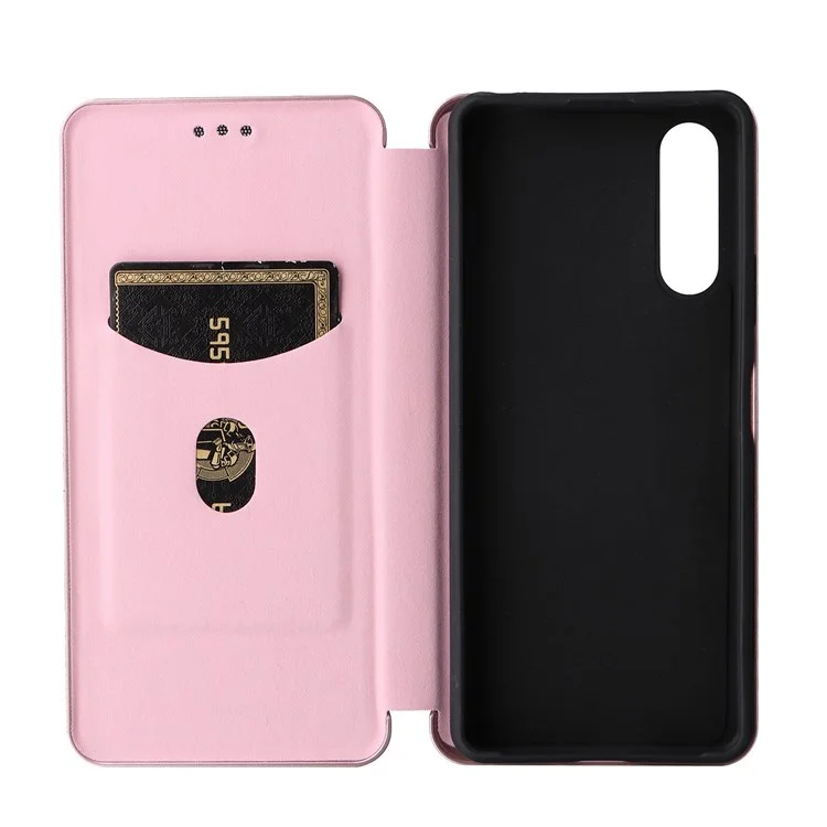 Para Sony Xperia 10 IV Textura de Fibra de Carbono Diseño Magnético Absorción Caso PU Cuero Flip Stand Titular de Tarjeta Teléfono Celular Protección Completa Cubierta - Oro Rosa