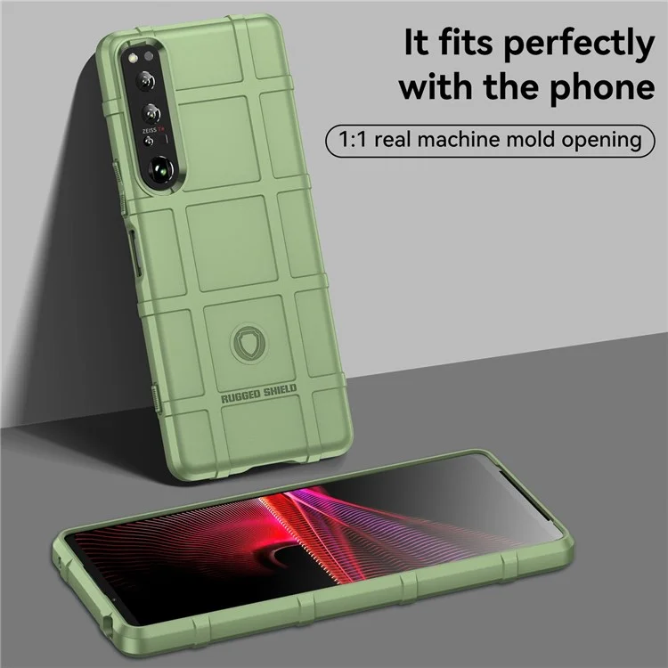 For Sony Xperia 1 IV Rugged Square Grid Phone Case Anti-scratch Thickened TPU Cover - Green