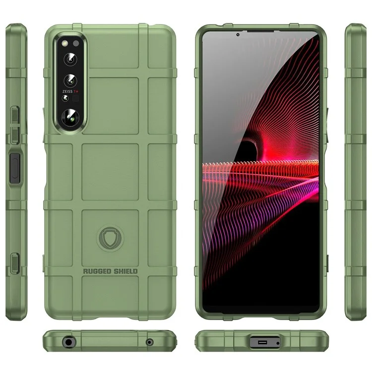 For Sony Xperia 1 IV Rugged Square Grid Phone Case Anti-scratch Thickened TPU Cover - Green
