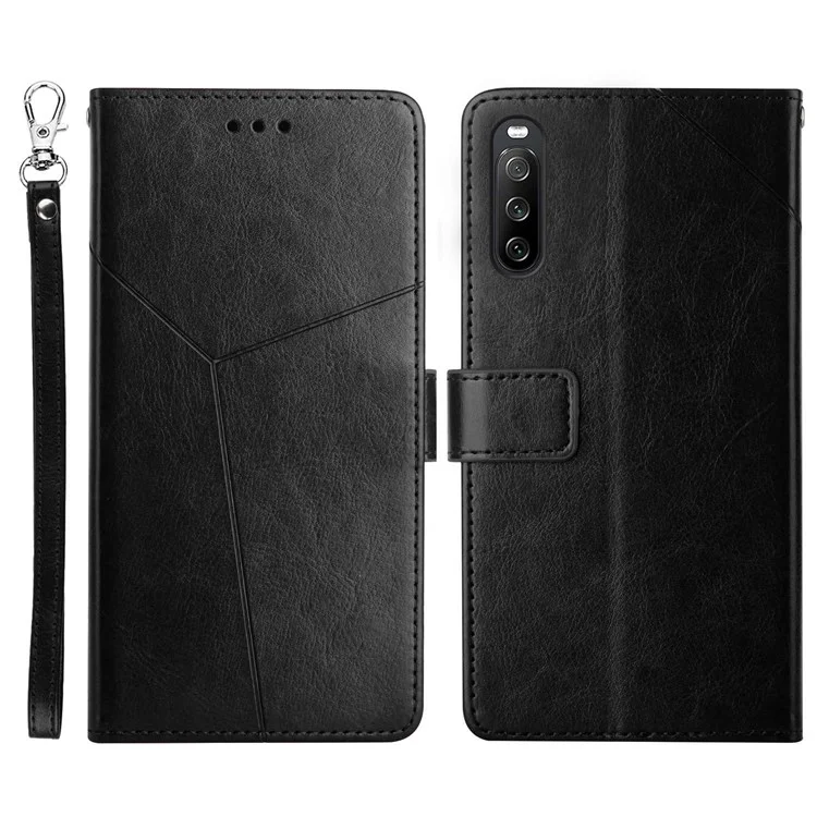 HT01 For Sony Xperia 10 IV PU Leather Phone Shell Fall Prevention Y-Shaped Lines Imprinting Wallet Stand Phone Cover - Black