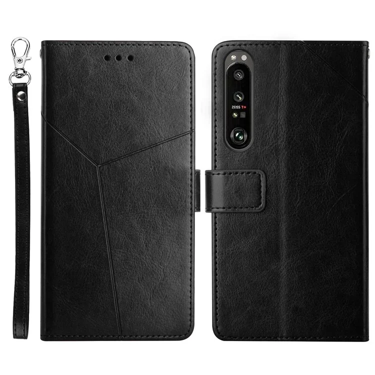 For Sony Xperia 1 IV Imprinted Y-Shaped Lines Design PU Leather Cover Stand Feature Flip Hand Strap Wallet Purse Case - Black