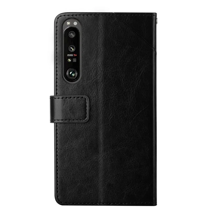 For Sony Xperia 1 IV Imprinted Y-Shaped Lines Design PU Leather Cover Stand Feature Flip Hand Strap Wallet Purse Case - Black