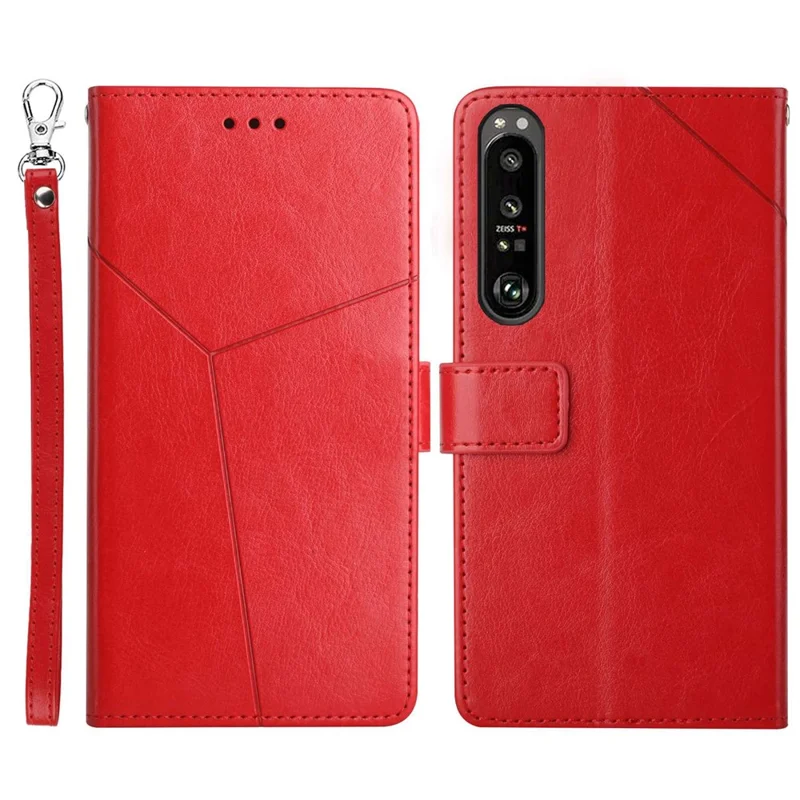 For Sony Xperia 1 IV Imprinted Y-Shaped Lines Design PU Leather Cover Stand Feature Flip Hand Strap Wallet Purse Case - Red