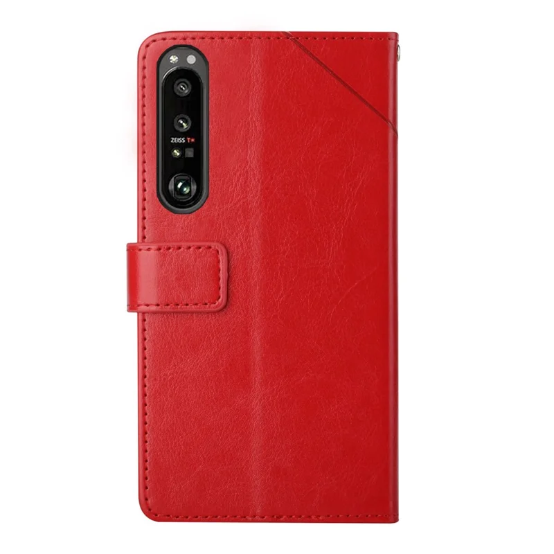 For Sony Xperia 1 IV Imprinted Y-Shaped Lines Design PU Leather Cover Stand Feature Flip Hand Strap Wallet Purse Case - Red