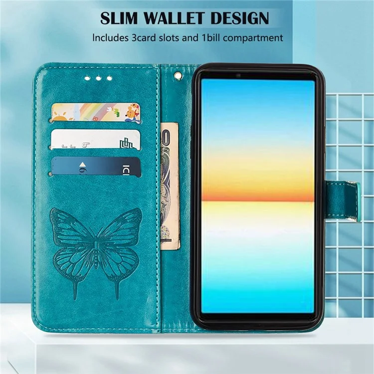 YB Imprinting Series-4 Per Sony Xperia 10 IV PU Funzionamento Flip Coperchio Funzione Exprinted Butterfly Floro Portafoglio Morbido Custodia Con Cinturino da Polso - Blu