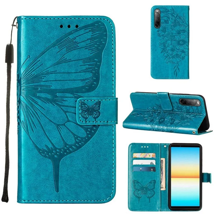 YB Imprinting Series-4 Per Sony Xperia 10 IV PU Funzionamento Flip Coperchio Funzione Exprinted Butterfly Floro Portafoglio Morbido Custodia Con Cinturino da Polso - Blu