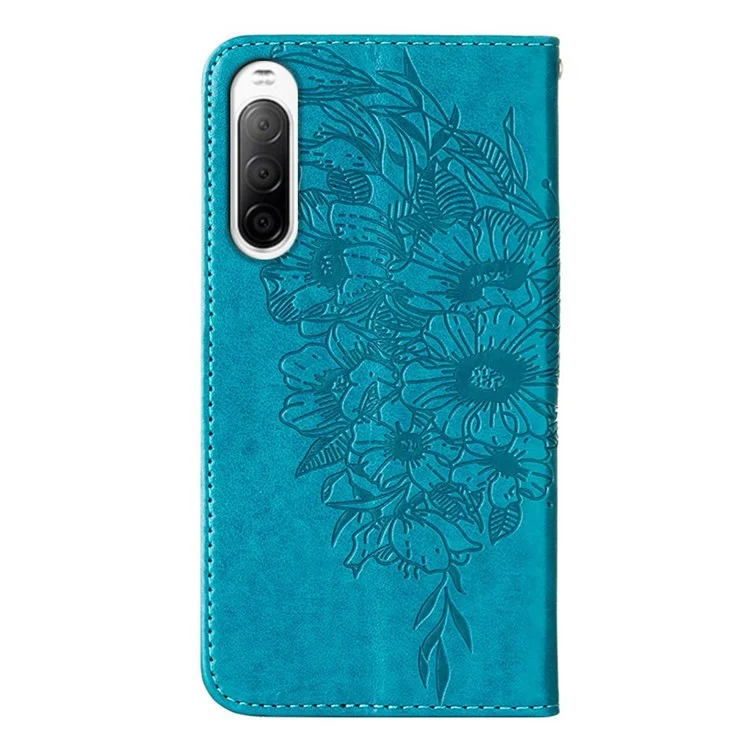 YB Imprinting Series-4 Per Sony Xperia 10 IV PU Funzionamento Flip Coperchio Funzione Exprinted Butterfly Floro Portafoglio Morbido Custodia Con Cinturino da Polso - Blu