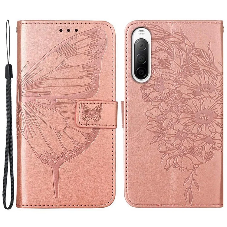 YB Imprimindo Série-4 Para Sony Xperia 10 IV PU PU Capa Tape Função Função de Flor Borterfly Padrão de Flor de Borrefe - Rosa Ouro
