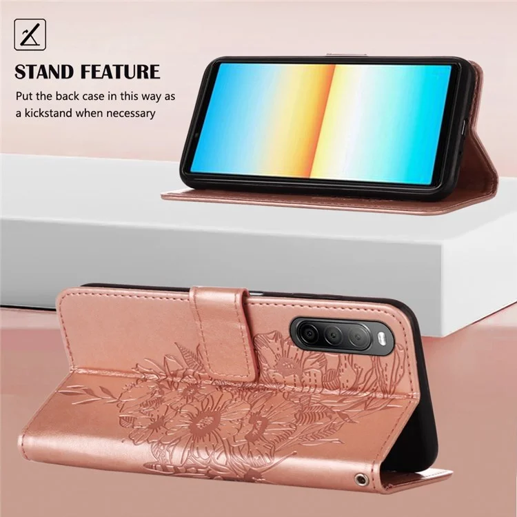 YB Imprimindo Série-4 Para Sony Xperia 10 IV PU PU Capa Tape Função Função de Flor Borterfly Padrão de Flor de Borrefe - Rosa Ouro