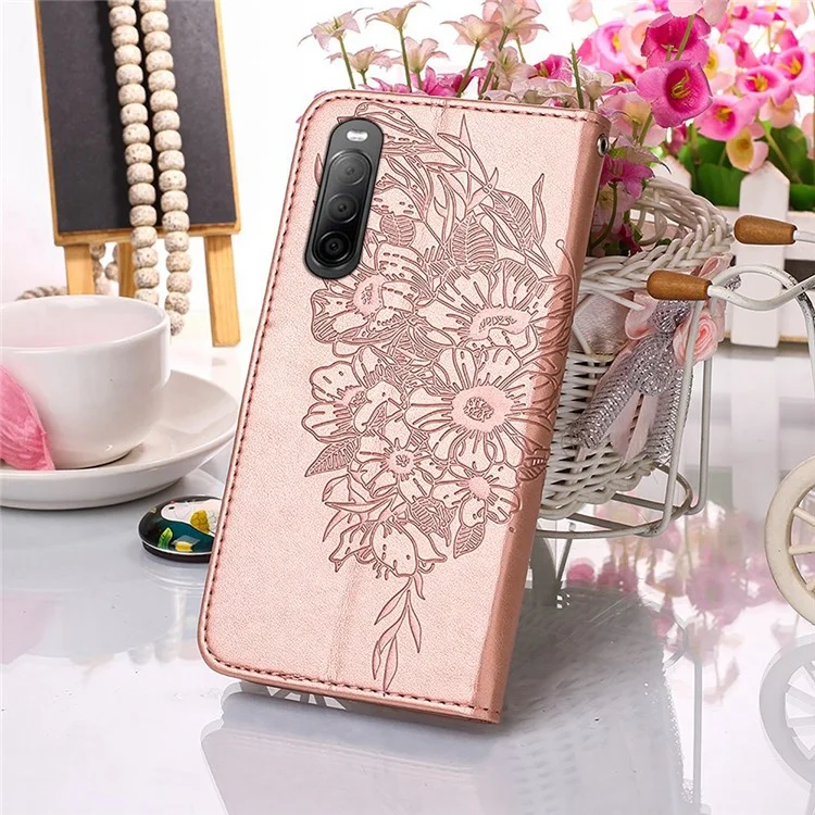 YB Imprimindo Série-4 Para Sony Xperia 10 IV PU PU Capa Tape Função Função de Flor Borterfly Padrão de Flor de Borrefe - Rosa Ouro