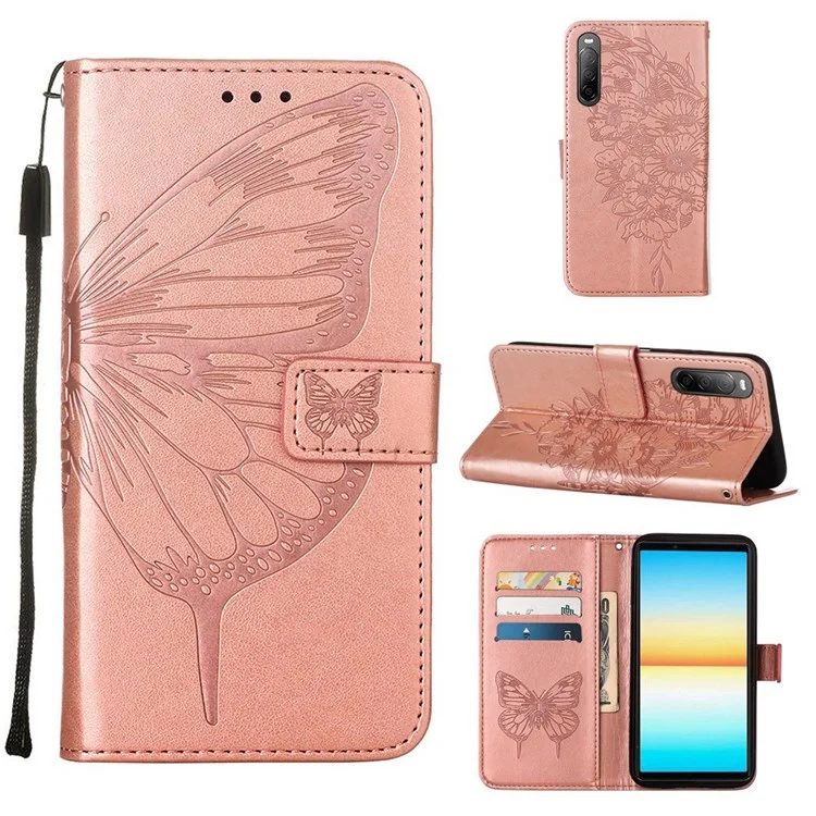 YB Imprimindo Série-4 Para Sony Xperia 10 IV PU PU Capa Tape Função Função de Flor Borterfly Padrão de Flor de Borrefe - Rosa Ouro