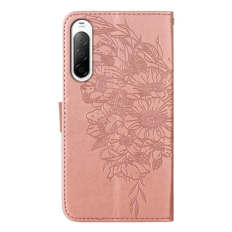 YB Imprimindo Série-4 Para Sony Xperia 10 IV PU PU Capa Tape Função Função de Flor Borterfly Padrão de Flor de Borrefe - Rosa Ouro