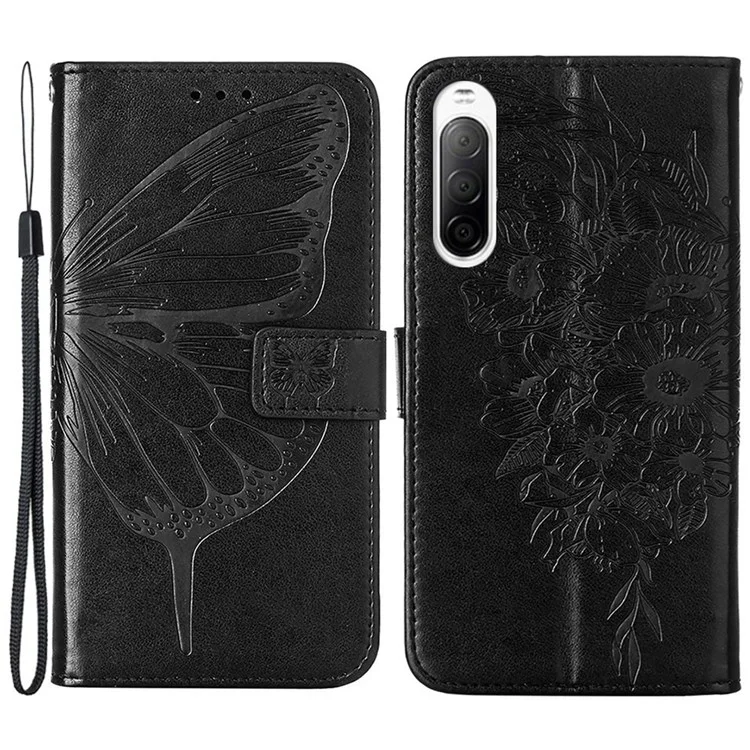 YB Imprinting Série 4 Pour Sony Xperia 10 IV PU le Cuir Flip Couvercle de Couverture Fonction de Fleur de Papillon Imprimé Bautique de Portefeuille Doux Avec Sangle de Poignet - le Noir