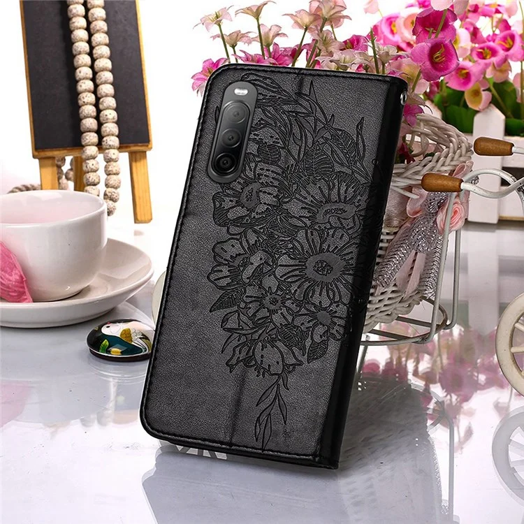 YB Imprinting Série 4 Pour Sony Xperia 10 IV PU le Cuir Flip Couvercle de Couverture Fonction de Fleur de Papillon Imprimé Bautique de Portefeuille Doux Avec Sangle de Poignet - le Noir