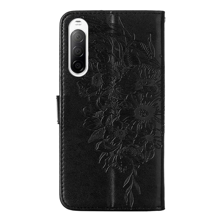 YB Imprinting Série 4 Pour Sony Xperia 10 IV PU le Cuir Flip Couvercle de Couverture Fonction de Fleur de Papillon Imprimé Bautique de Portefeuille Doux Avec Sangle de Poignet - le Noir