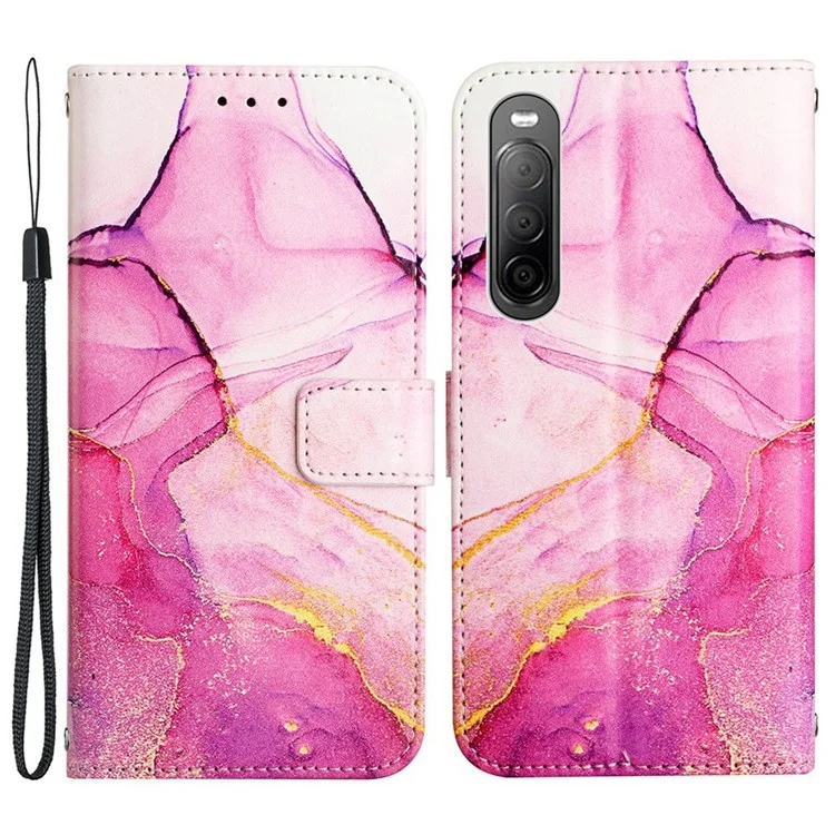 Muster-Drucklederserie-5 für Sony Xperia 10 IV Leder-Cover Marmorstruktur Telefon-Brieftasche Standfunktion Schutzhülle - Rosa/Lila/Gold 001