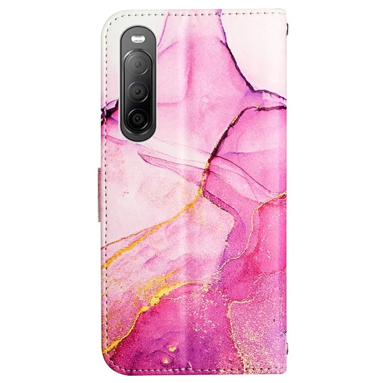 Muster-Drucklederserie-5 für Sony Xperia 10 IV Leder-Cover Marmorstruktur Telefon-Brieftasche Standfunktion Schutzhülle - Rosa/Lila/Gold 001