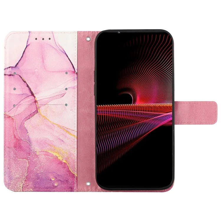 Muster-Drucklederserie-5 für Sony Xperia 10 IV Leder-Cover Marmorstruktur Telefon-Brieftasche Standfunktion Schutzhülle - Rosa/Lila/Gold 001