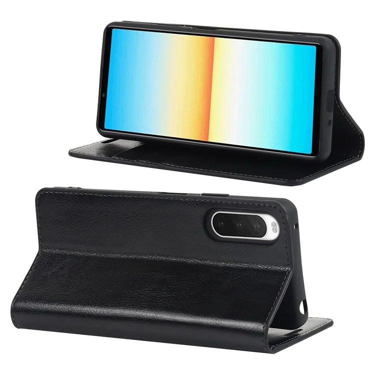 Für Sony Xperia 10 IV Echtes Leder Klapphülle Crazy Horse Textur Brieftasche Horizontale Betrachtung Stand Magnetische Absorptionsschale - Schwarz