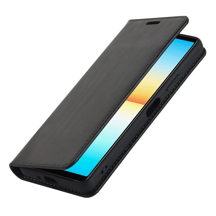 Para Sony Xperia 10 IV Capa de Couro Genuíno Crazy Horse Horse Textura Carteira Horizontal Horizontal Stand Magnetic Absortion Shell - Preto