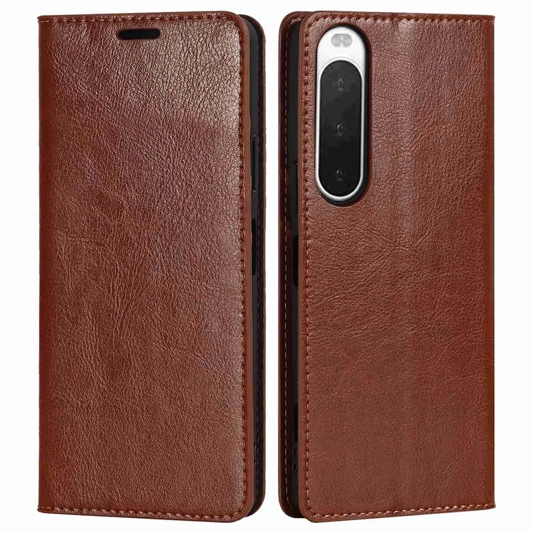 Per Sony Xperia 10 IV Copertura Vera Flip Vera Copertura Pazzo Texture a Cavallo Orizzontale Visione Orizzontale Guscio di Assorbimento Magnetico - Marrone Chiaro